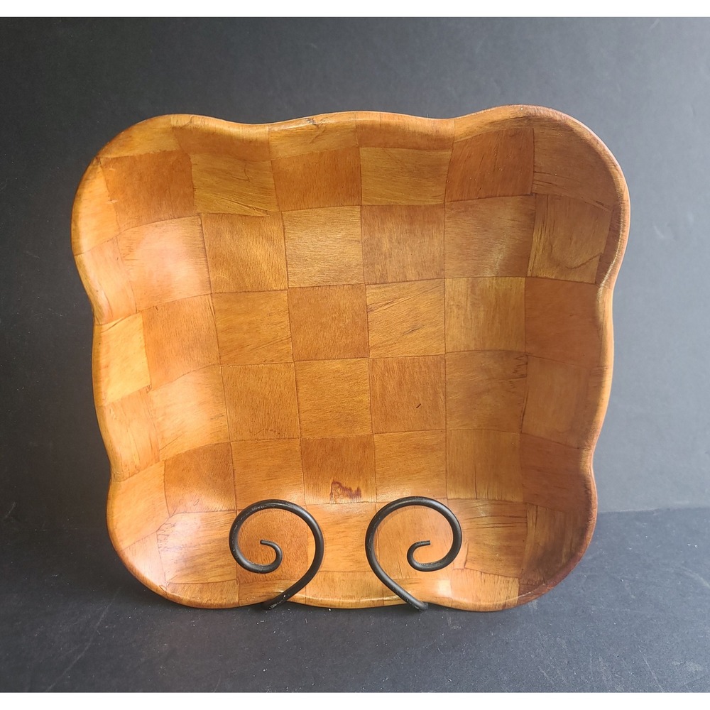 Vintage Woven Wood 10" Scalloped Square Serving Bowl Checkerboard Pattern MCM